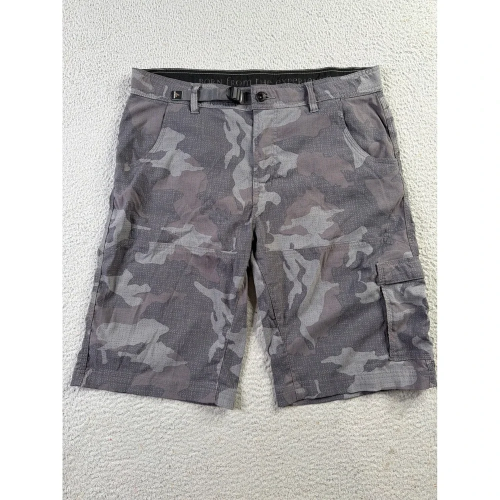 Prana Zion Camo Cargo Stretch Shorts Charcoal Gray Mens Size 34 Waist 12